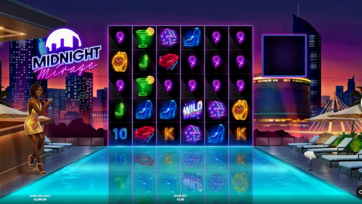Tampilan visual slot Midnight Mirage dengan tema neon Miami Vice yang mewah