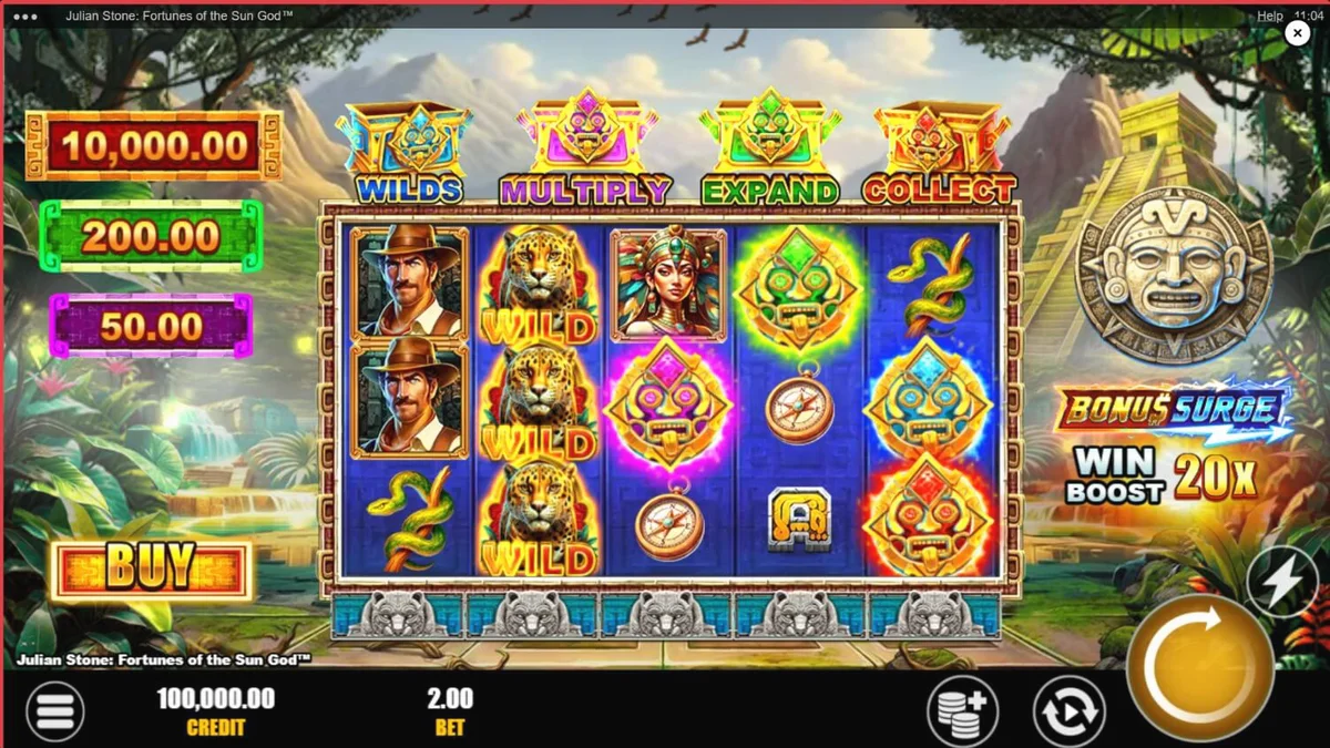 Julian Stone: Fortunes of the Sun God slot dengan latar belakang kuil Aztec dan hutan tropis.